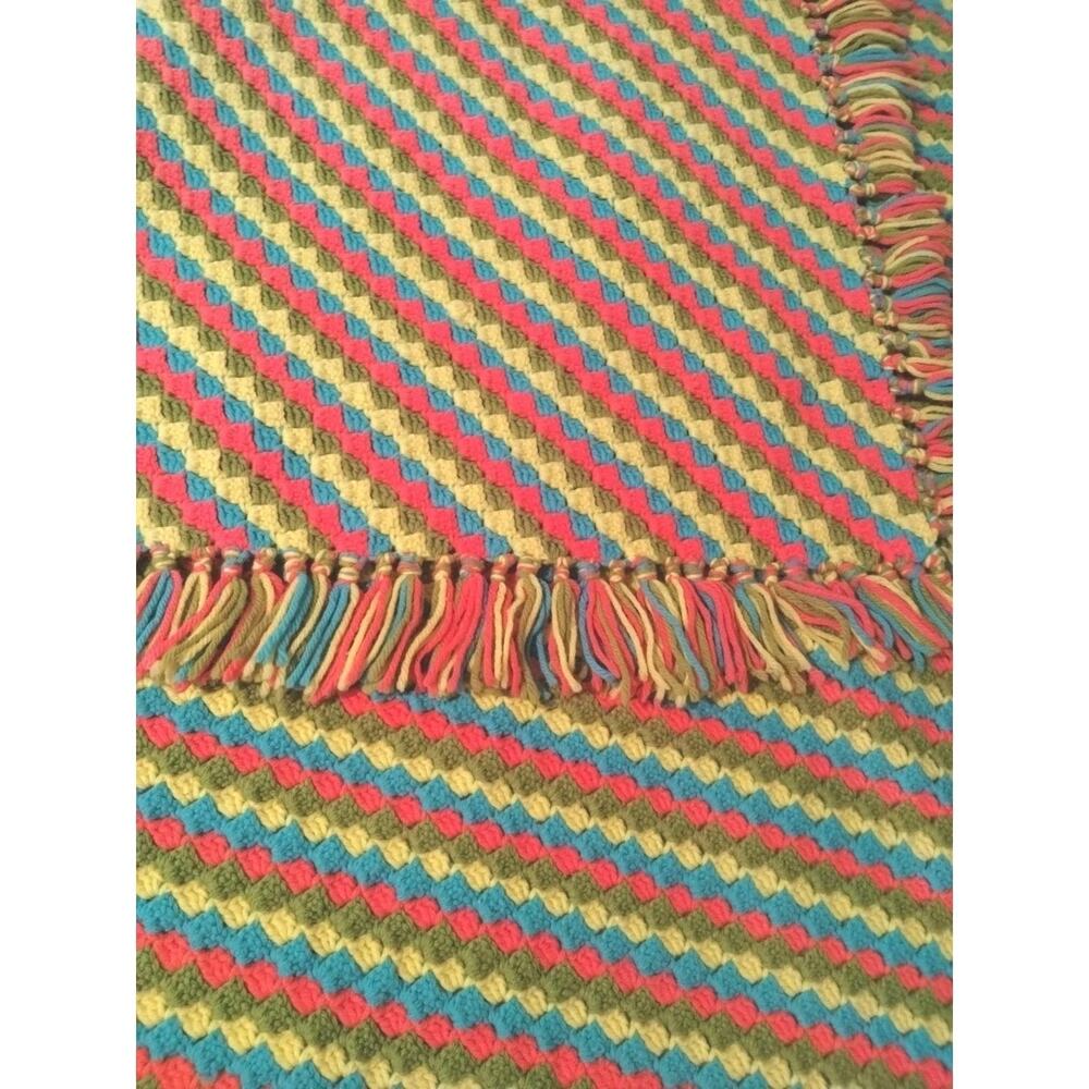 Vintage Handmade Crochet Afghan Blanket Blue Green Pink Yellow Neon 68”x 51"